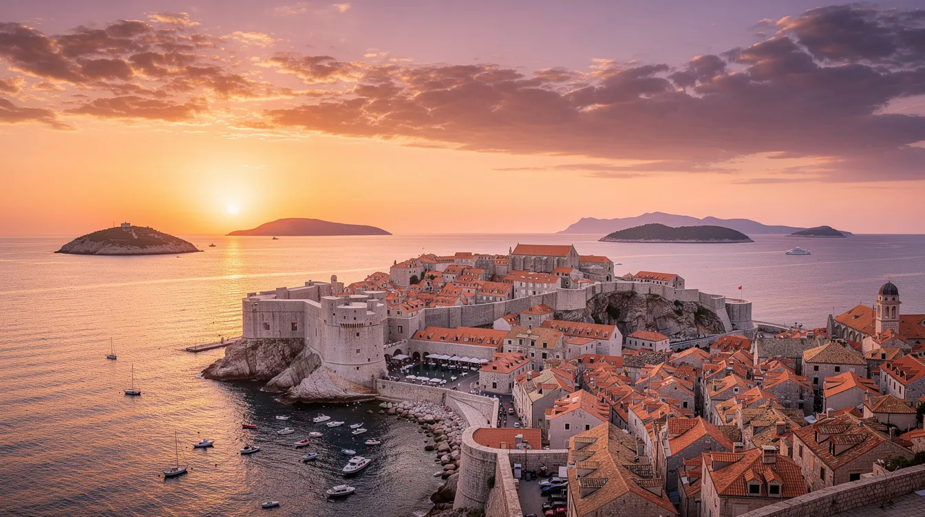 A imagem retrata um belo pôr do sol sobre Dubrovnik, na Croácia, com o céu tingido de tons alaranjados e roxos, refletindo no mar Adriático. Ao fundo, destaca-se a silhueta da cidade antiga e da Igreja de São Marcos, criando uma atmosfera mágica e tranquila.