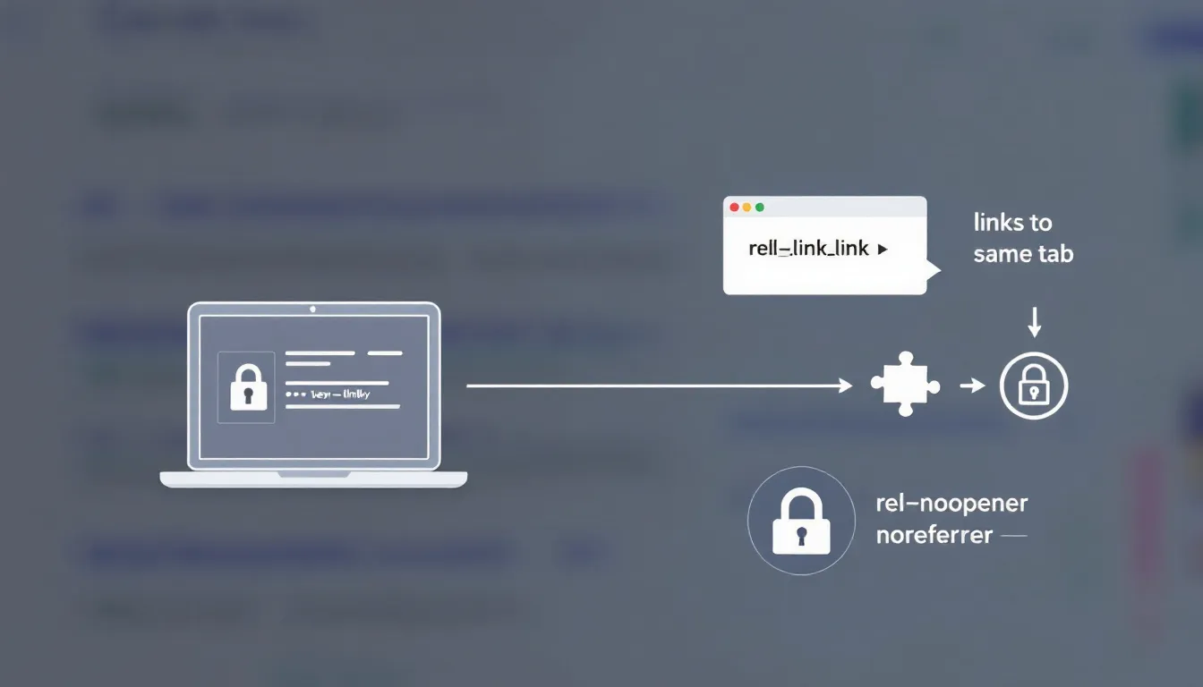 A diagram illustrating SEO implications of using rel='noopener noreferrer' with blurred search engine results in the background.