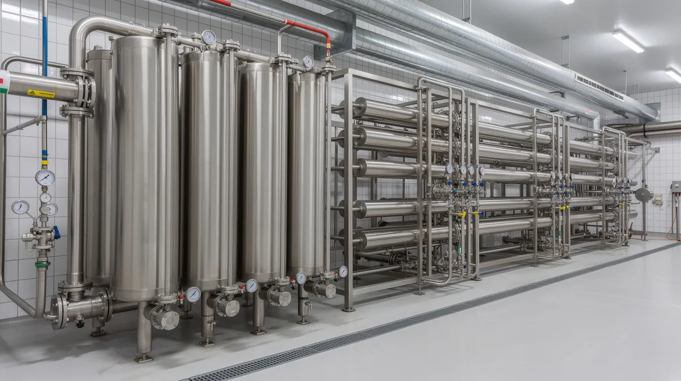 The image depicts a large industrial heat exchanger and tubular UHT processing system inside a dairy factory, showcasing advanced machinery designed for uht milk production. This setup is essential for achieving ultra high temperature sterilization, ensuring the long shelf life and microbiological safety of dairy products.