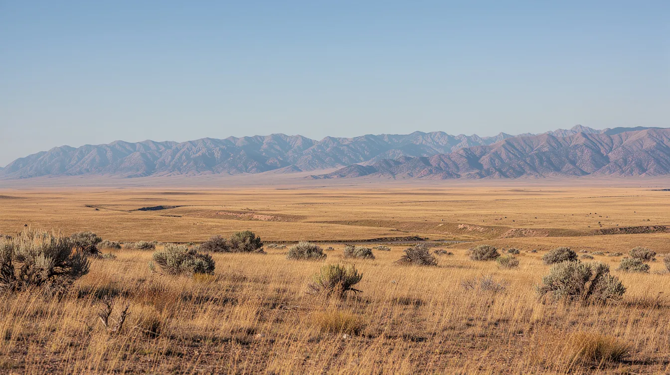 A wide panoramic view of the Wyoming plains showcases vast, open land with distant mountain ranges under a clear blue sky, symbolizing a fresh start and the expansive possibilities that await individuals navigating the bankruptcy process in Wyoming. This serene landscape reflects the hope and relief that can come from seeking legal services and support during hard times.