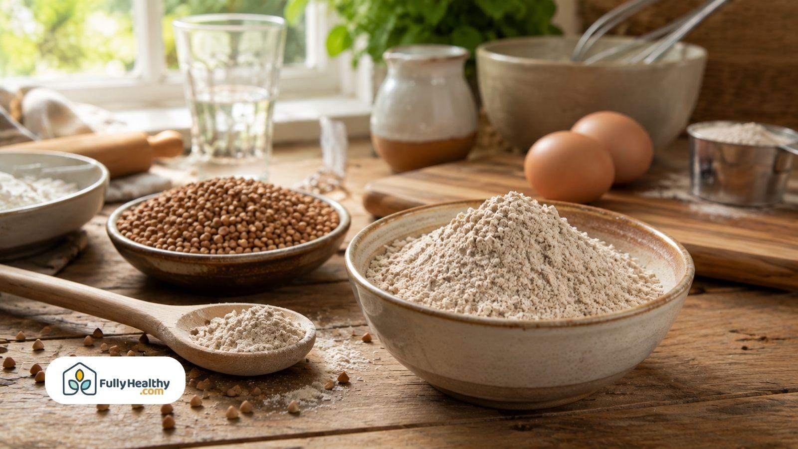 Buckwheat flour and groats arranged on rustic kitchen table for baking