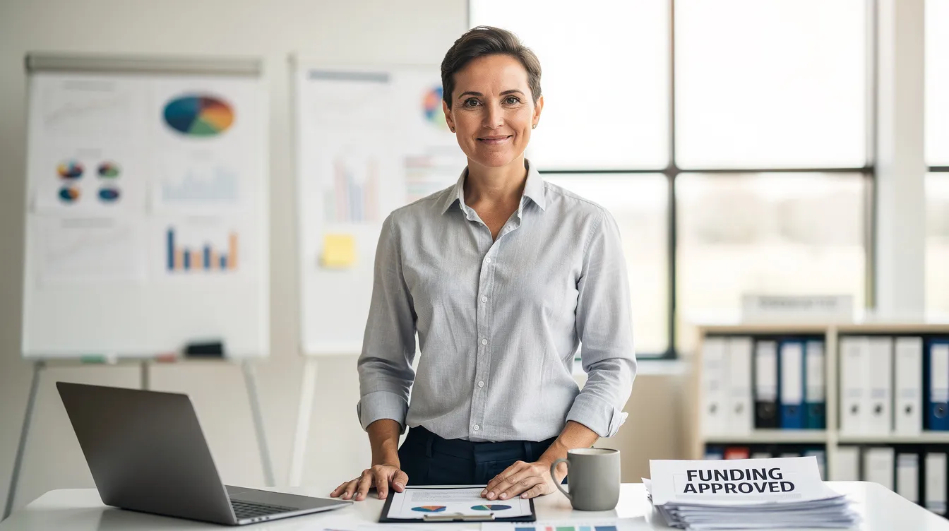 A confident small business owner gazes into the camera, exuding success after securing funding, filled with a sense hope and trust that she will use the money to boost business performance. The image captures a moment achievement in their entrepreneurial journey, after being advised on financing options to avoid lost opportunity.
