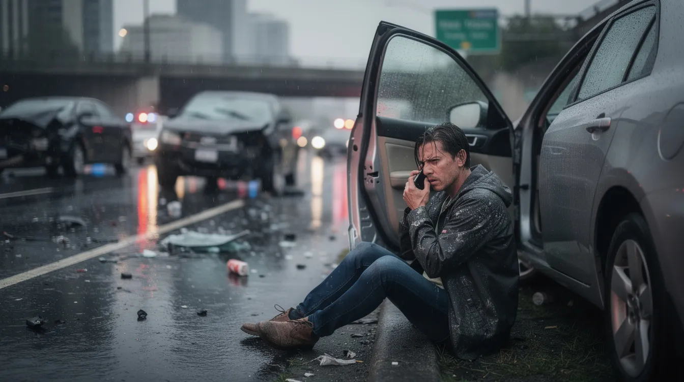 A visibly distressed individual sits inside a damaged car on the shoulder of a rainy Seattle highway after a multi-vehicle accident, holding a smartphone to their ear as they seek help. The wet pavement reflects emergency lights and blurred damaged vehicles in the background, creating a somber atmosphere typical of serious car accidents in Seattle, highlighting the urgent need for a personal injury lawyer.