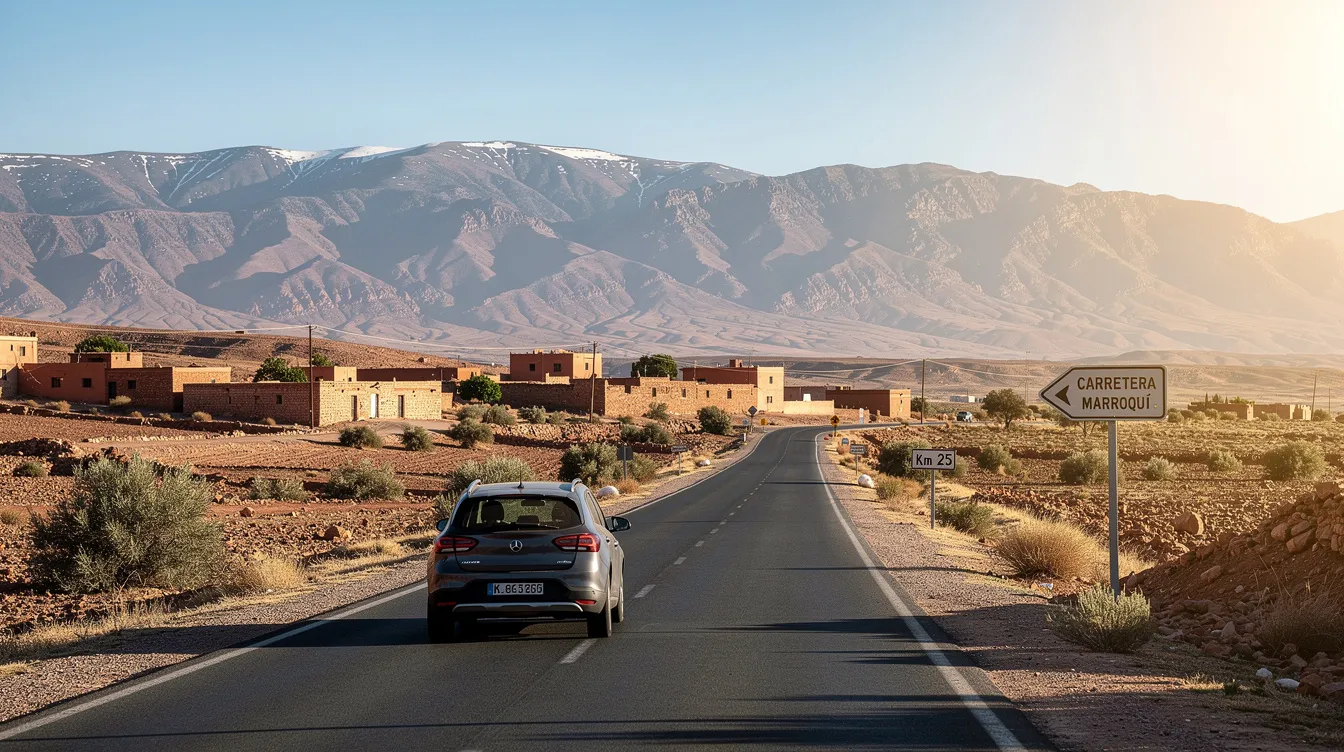 Un coche circula por una carretera en Marruecos, con las majestuosas montañas del Atlas al fondo y un cielo despejado que resalta la belleza del paisaje. Esta imagen evoca la libertad de un viaje en vehículo, ideal para explorar destinos fascinantes.