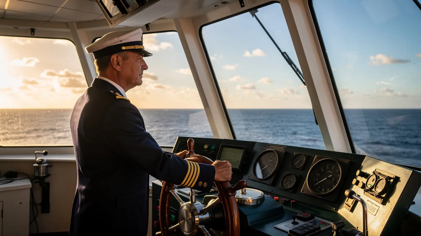 Un capitaine de navire dirige un grand vaisseau à travers des eaux ouvertes, avec un horizon dégagé devant lui, symbolisant la vision stratégique et les objectifs d'une entreprise en pleine évolution vers son avenir. Cette scène évoque la capacité de leadership et la mise en œuvre d'un plan pour atteindre une destination claire.