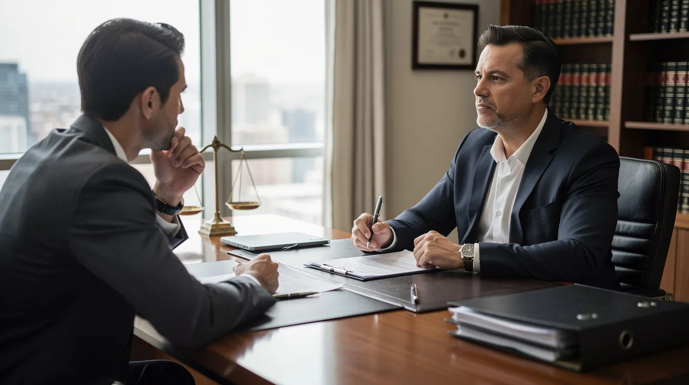 The image depicts a professional consultation between an attorney and a client, where they discuss workers compensation claims related to workplace injuries. The attorney is providing legal advice on how to navigate the workers compensation process, including potential benefits for lost wages and medical expenses.