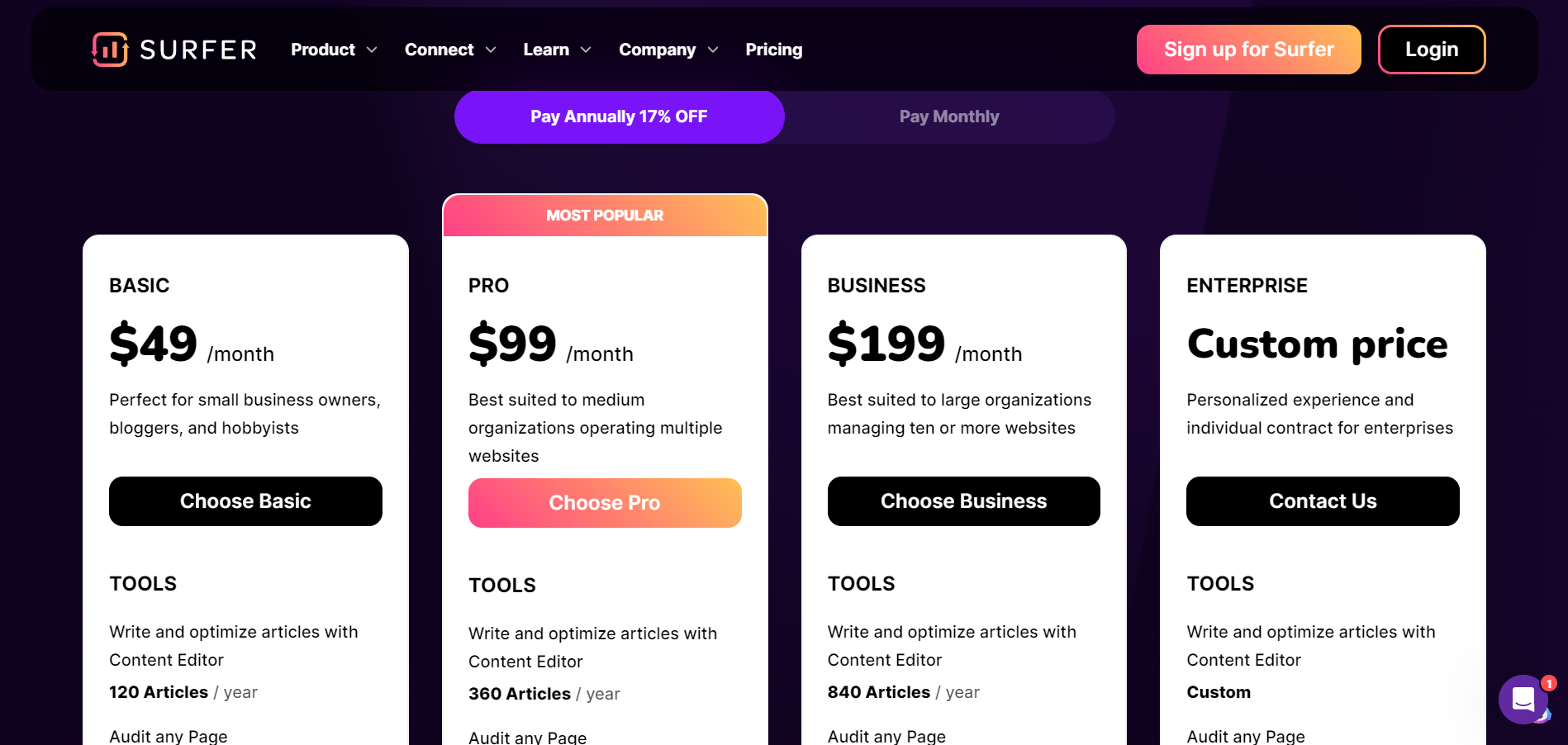 SurferSEO pricing plans