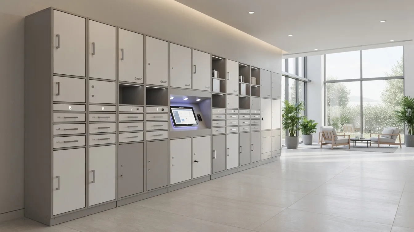 The image depicts a modern facility lobby featuring a modular smart locker wall with various sized bays designed for secure storage. This innovative locker system incorporates access control systems, allowing for efficient management of stored items through mobile credentials, RFID technology, and cloud-based management solutions.