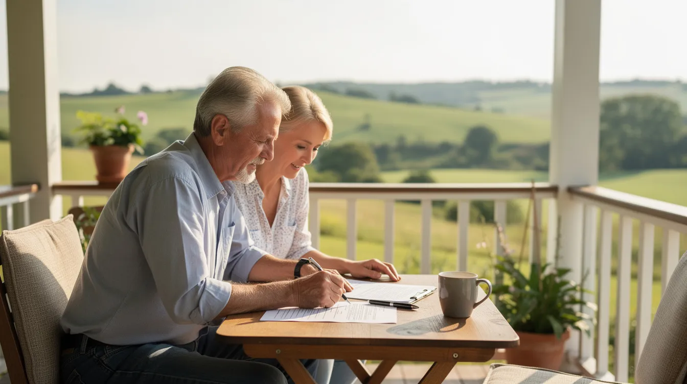 A couple in their early sixties is sitting on a covered porch, reviewing retirement paperwork together, with lush green rolling hills in the background. They appear focused on their retirement income planning, discussing strategies to ensure a financially secure retirement.