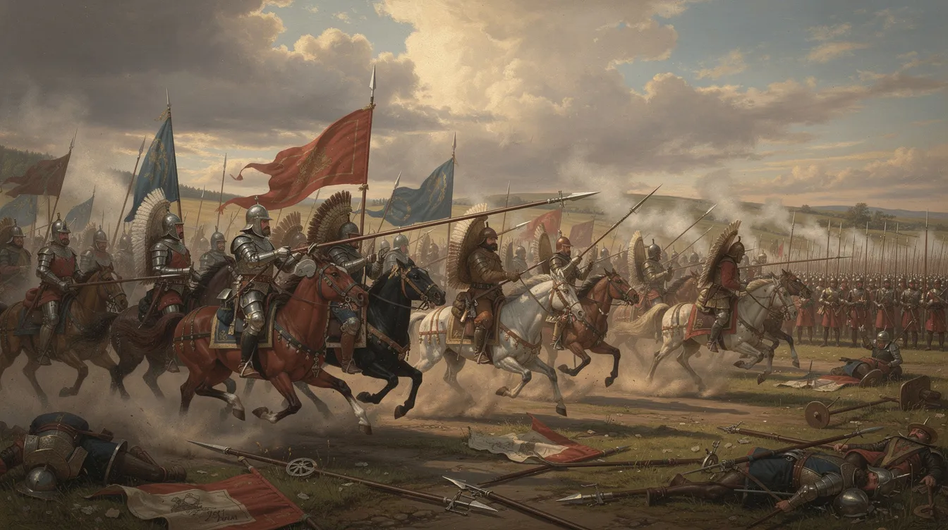 Na obrazie widać scenę batalistyczną z XVII wieku, gdzie kawaleria szarżuje na otwartym polu bitwy, symbolizując heroiczne działania w obronie granic Rzeczypospolitej. W tle można dostrzec dynamiczne ruchy żołnierzy i zaciętą walkę, co przypomina o ważnych wydarzeniach historycznych, takich jak wyprawy zbrojne pod dow&oacute;dztwem hetman&oacute;w.