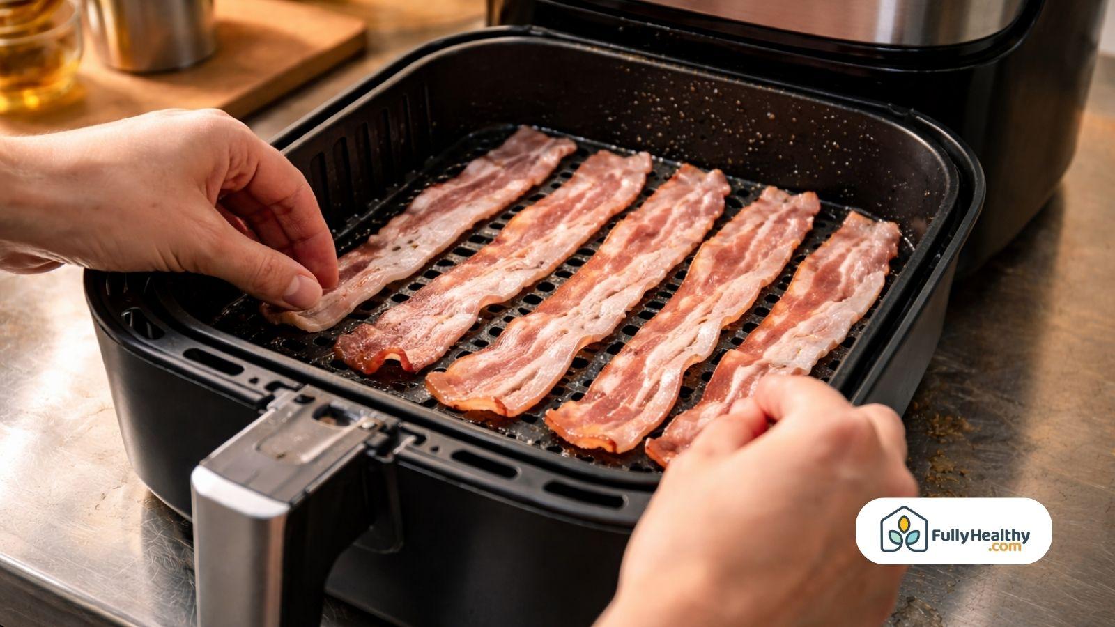 Placing raw bacon slices in air fryer basket before cooking process