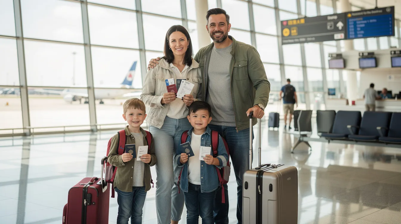 A family stands in an airport terminal, holding luggage and passports, ready for their journey. The scene captures the excitement of travel, with a backdrop of bustling travelers and check-in counters.