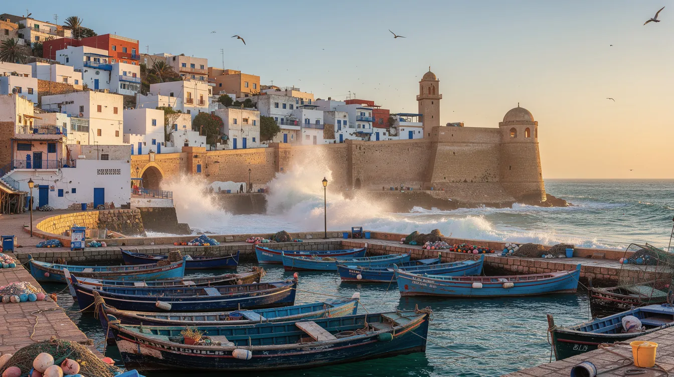 A panoramic view showcases the coastal city of Essaouira, Morocco, featuring striking white-and-blue buildings, fishing boats docked in the harbor, and the Atlantic Ocean waves crashing against ancient stone fortifications. The scene captures the essence of the Essaouira medina, a UNESCO World Heritage site, with its vibrant atmosphere and rich maritime heritage.