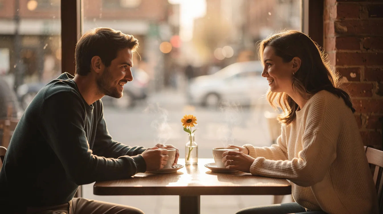 A cozy café scene captures two people enjoying coffee together on a first date, sharing smiles and laughter as they explore their interests and personalities. This intimate moment reflects the excitement of online dating, where finding the right person can lead to a meaningful relationship.