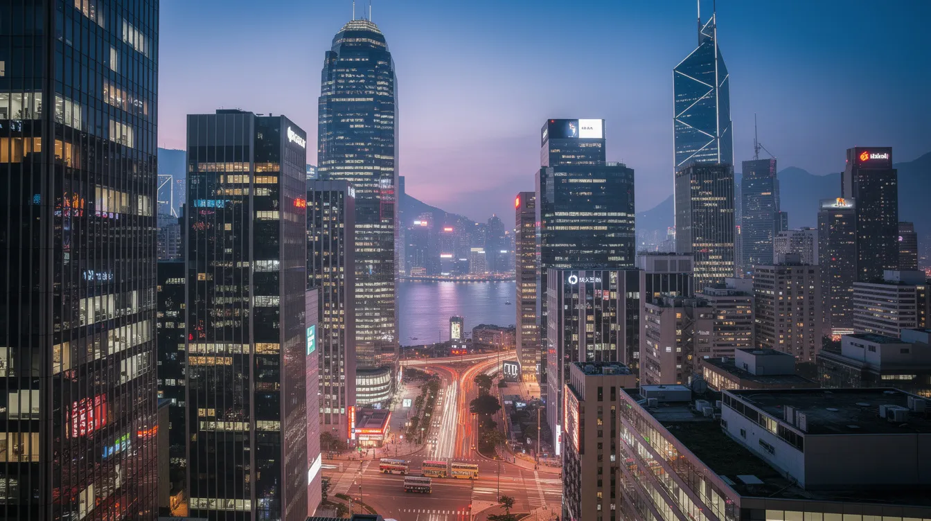 The image depicts the Hong Kong financial district at dusk, showcasing a skyline filled with modern office buildings illuminated by city lights. The scene captures the vibrant atmosphere of the area, highlighting its significance as a hub for 二線 財務 and financial services.