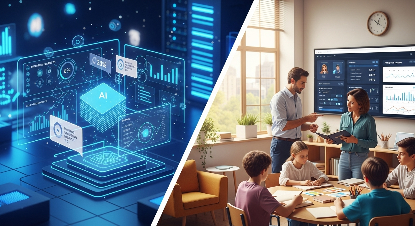 Education workflow showing AI handling mechanical grading tasks while teachers focus on deeper analysis.