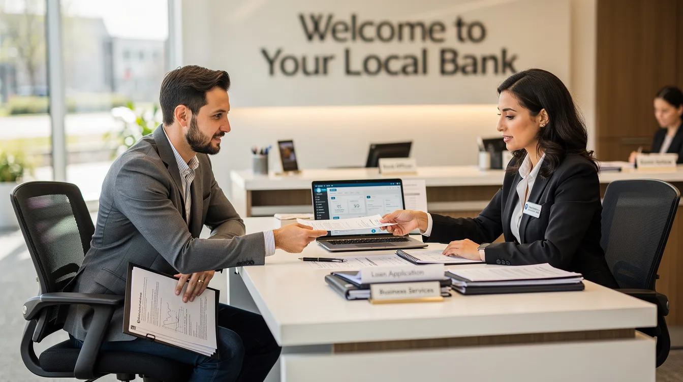 A small business owner is seated at a bank desk, handing over important documents to a bank officer, indicating a process related to a business loan or mudra loan application. The scene reflects the interaction between a borrower and a financial institution, highlighting the steps taken for funding and eligibility verification for income-generating activities.