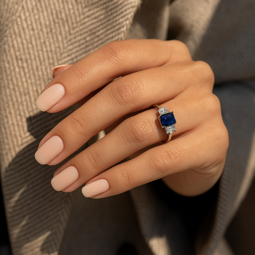 Ant rankos dėvimas modernaus dizaino žiedas su safyru ir deimantais