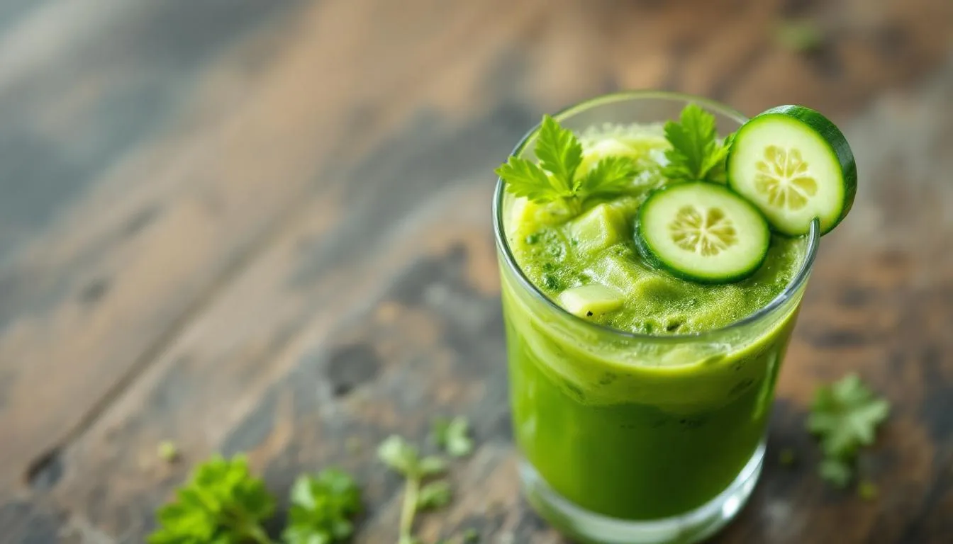 A refreshing glass of green detox juice is filled with vibrant cucumber, celery, and a garnish of parsley, highlighting the health benefits of leafy greens and fresh vegetables. This nutrient-packed drink is perfect for boosting your immune system and supporting digestive health.