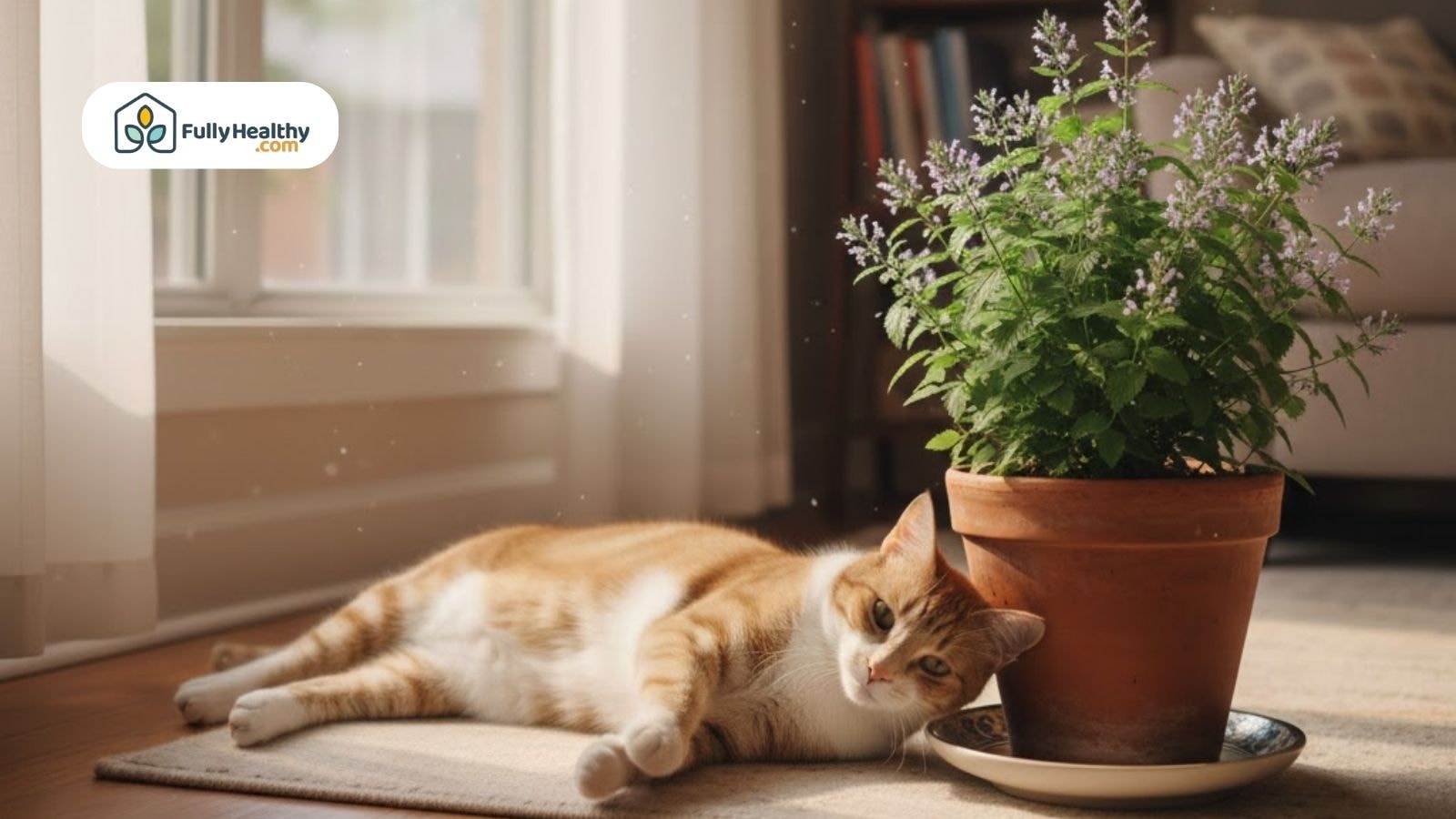 Cat lying beside a potted plant indoors with soft sunlight and visible leaves.