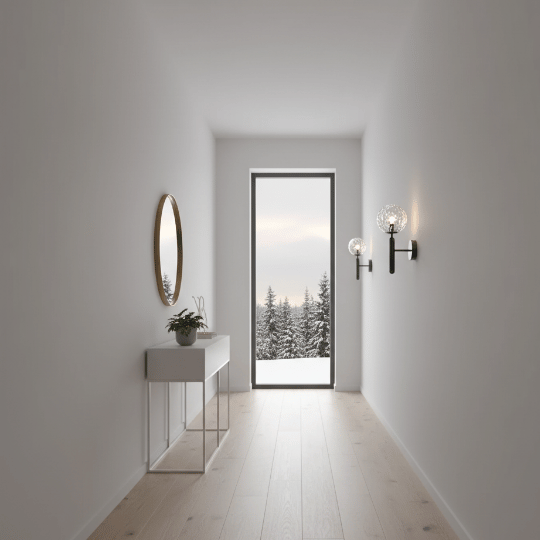 Pair of minimalist Scandinavian wall sconces with clear glass globes illuminating a bright Nordic hallway.