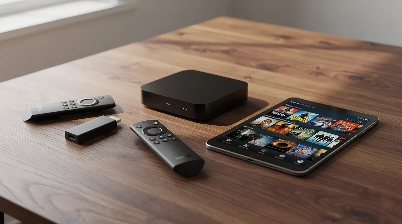 The image features various streaming devices, including a Fire TV stick, an Android box, and a tablet, all neatly arranged on a wooden table. These devices represent popular options for accessing IPTV services, allowing users to enjoy live TV channels, on-demand content, and a high-quality streaming experience.