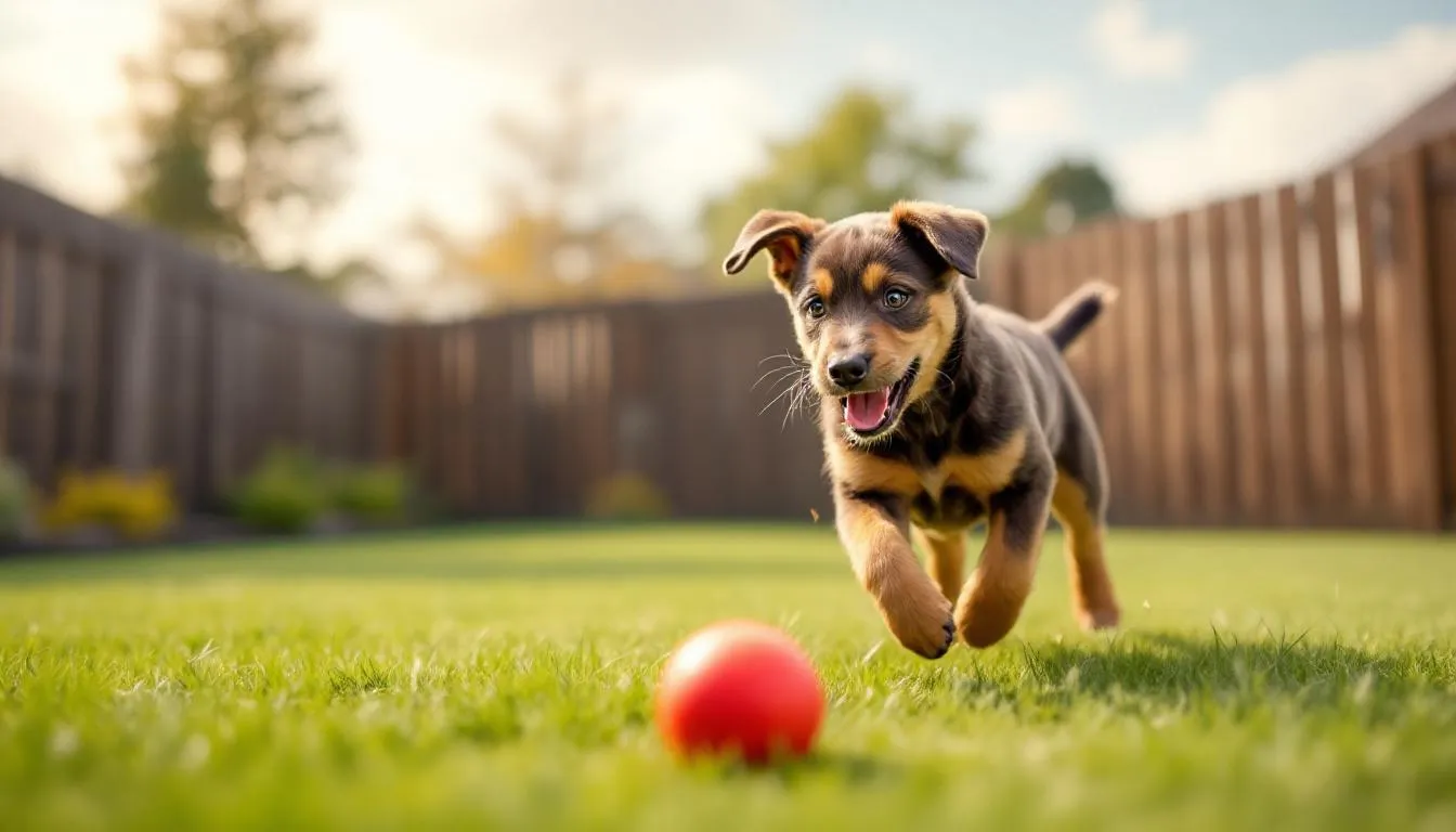 A playful mixed breed puppy is joyfully fetching a ball in a fenced yard, showcasing its energy and enthusiasm typical of younger puppies. This scene highlights the importance of exercise for growing dogs, as pet parents often wonder when mixed breed dogs stop growing and how to support their healthy growth.