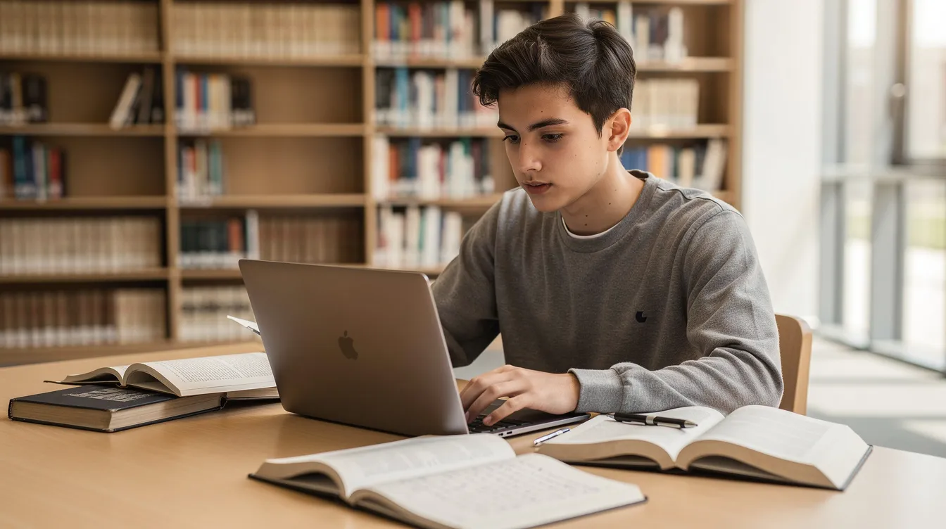 A student is focused on studying with a laptop in a modern library, surrounded by shelves filled with books and comfortable seating areas. The setting reflects a vibrant educational environment, ideal for obtaining qualifications such as a bachelor's degree or college diploma.