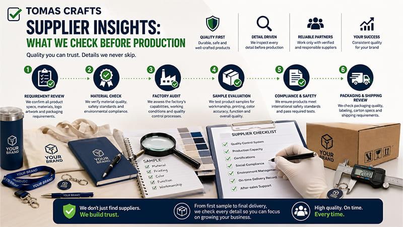 Supplier production checklist for trade show giveaways, covering material review, samples, compliance, and packaging.