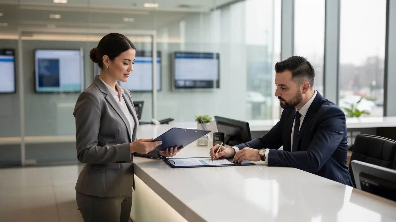 5b1b89c1 7b03 454a 9ec9 79584c4ed0d8 A woman entrepreneur is engaged in a discussion with a bank official at a counter, reviewing loan closure documents and verifying her credit report. They appear to be addressing her loan status and ensuring all necessary paperwork is in order for the closure of her mudra loan.