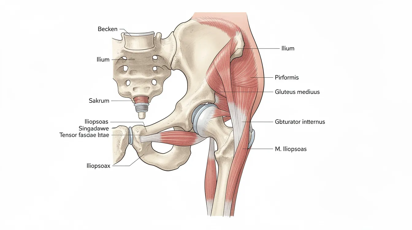 Die anatomische Darstellung des Beckens zeigt die seitliche Ansicht der Beckenbodenmuskulatur, einschließlich der Muskelschichten und der Beckenknochen. Diese Illustration ist besonders hilfreich für das Verständnis von Beckenbodenübungen, die zur Stärkung der Beckenbodenmuskeln bei Frauen, insbesondere während und nach der Schwangerschaft, eingesetzt werden können.