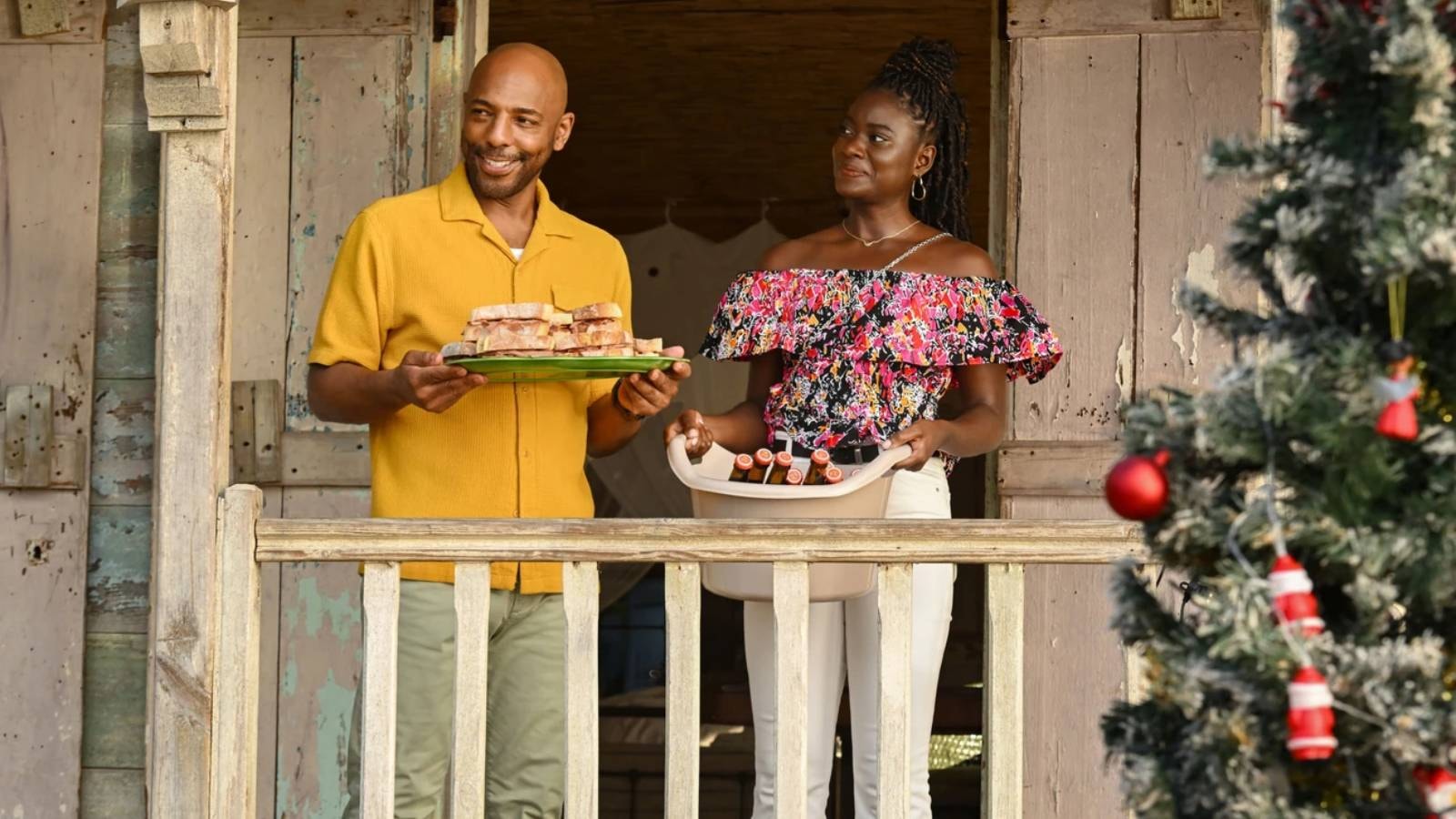 Don Gilet as DI Mervin Wilson and Shantol Jackson as Naomi Thomas in Death in Paradise Christmas Special