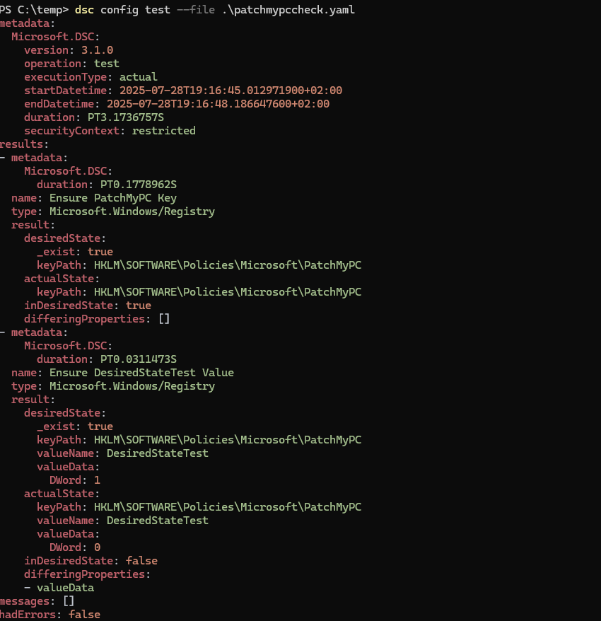running dsc config test  and specifying the yaml file