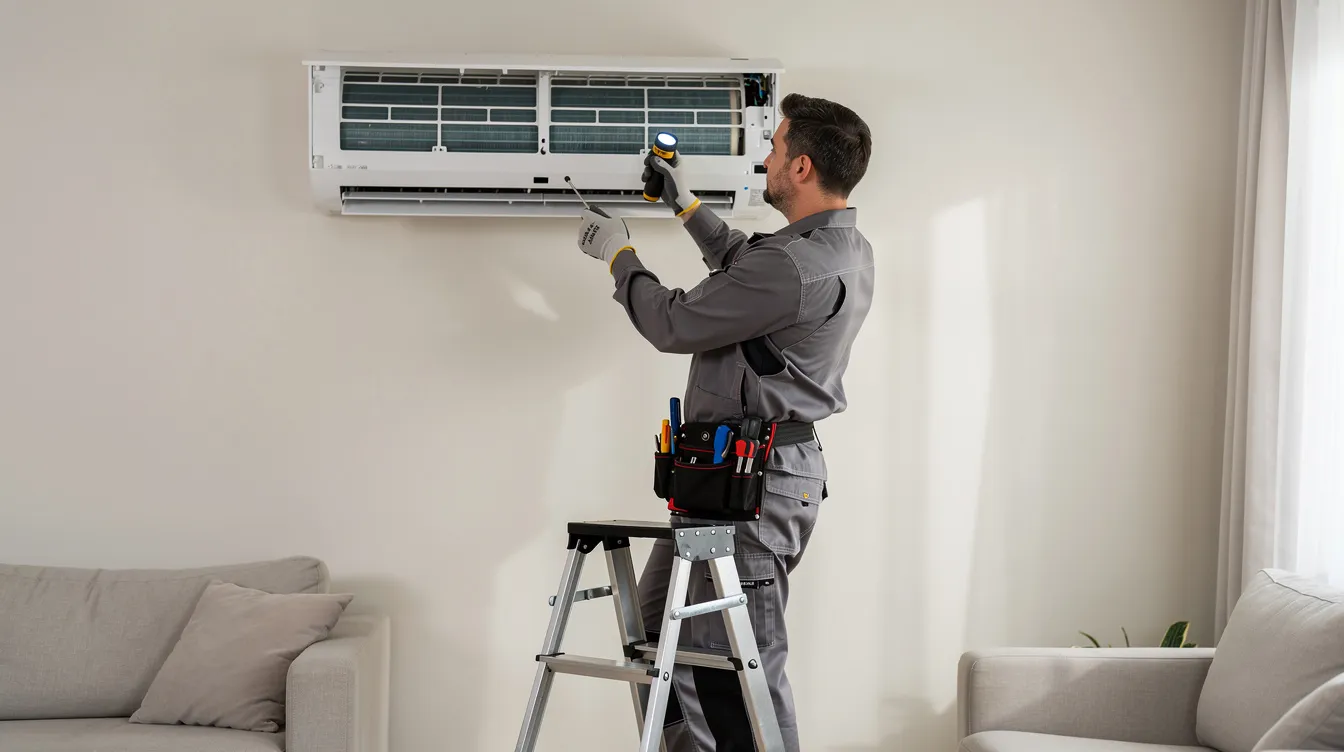 An experienced technician is inspecting a wall-mounted split air conditioning unit indoors, checking its electrical components and ensuring optimal performance for the cooling season. The technician is focused on the cleaning process and maintenance to enhance the air conditioner's efficiency and lifespan.