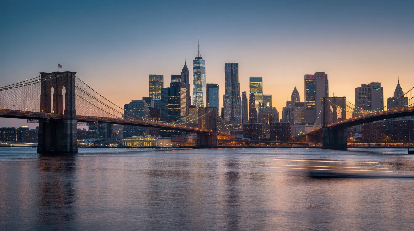The image captures the New York City skyline at dusk, showcasing a stunning array of skyscrapers and bridges silhouetted against a colorful sky. The scene reflects the vibrant urban landscape of New York, where local laws, including York state's gun laws, play a significant role in the lives of its residents.