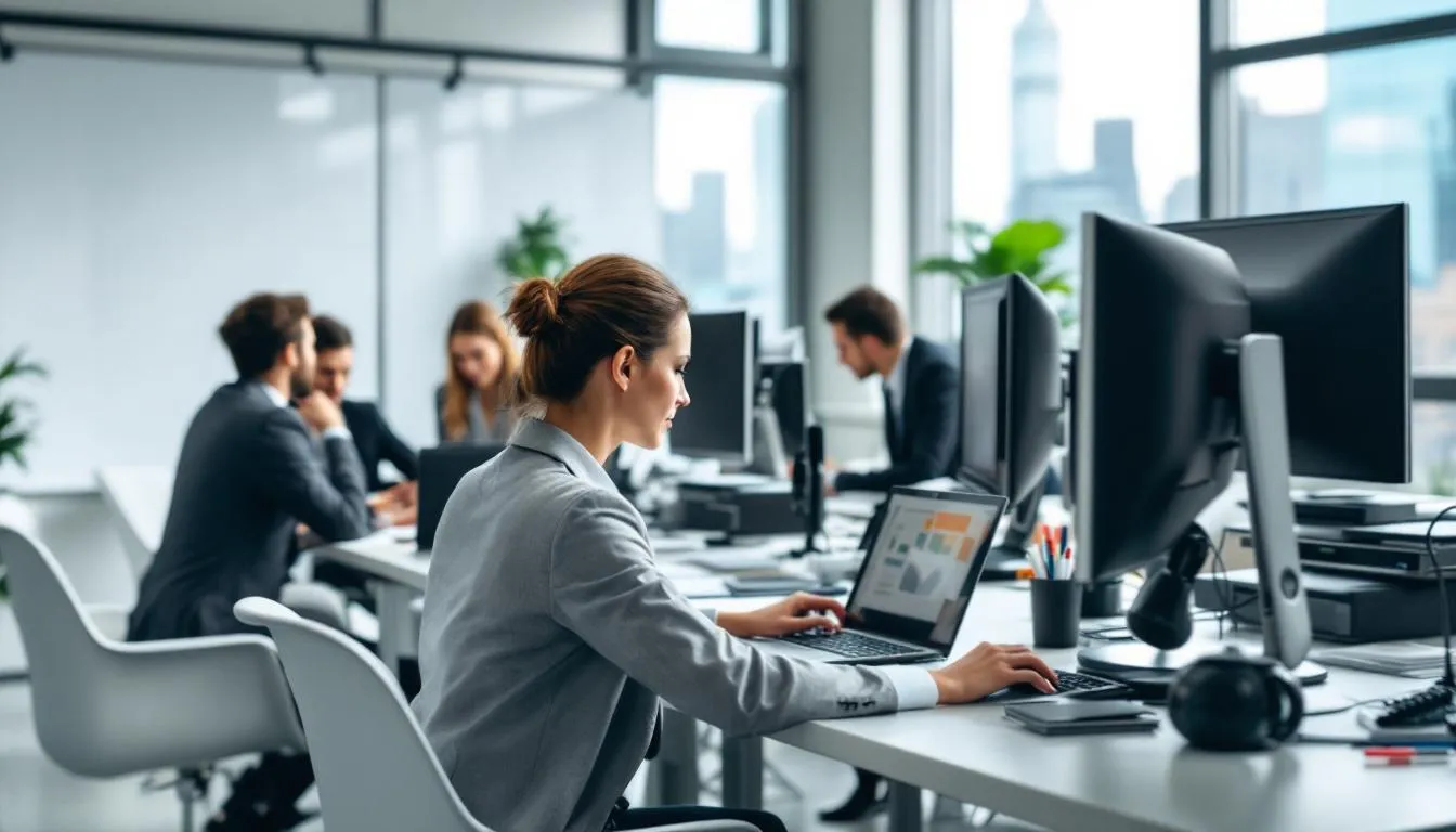 In een moderne kantooromgeving zijn professionals druk bezig met het bekijken van documenten en computerbeelden, terwijl ze samenwerken aan projecten. Deze setting benadrukt de efficiëntie en professionaliteit, wat belangrijk is voor het succes van elk bouwproject, inclusief de keuze voor hoogwaardige aluminium kozijnen en kunststof kozijnen.