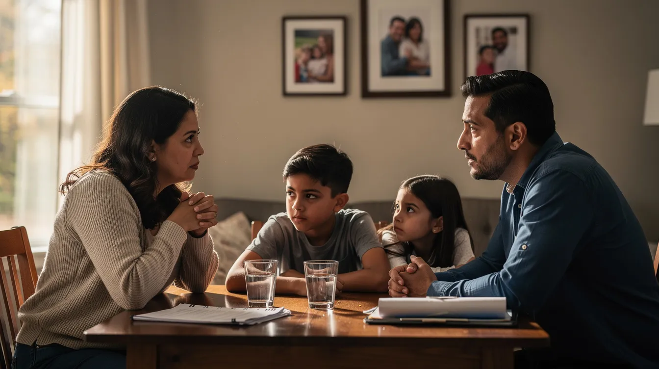 Una familia está sentada alrededor de una mesa, participando en una conversación seria, posiblemente sobre temas importantes como lesiones personales y el impacto de las redes sociales en sus vidas. El ambiente refleja preocupación y atención, mientras todos los miembros se escuchan mutuamente.