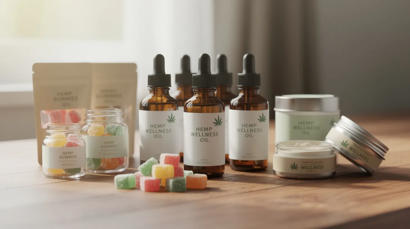 The image features a variety of hemp-derived wellness products, including colorful gummies and oil bottles, all neatly arranged on a wooden surface. These products, which may contain hemp-derived cannabinoids like delta 8 and delta 9 THC, are part of the growing market for legal hemp items under federal and state laws, including Iowa's regulations on hemp cultivation and sales.