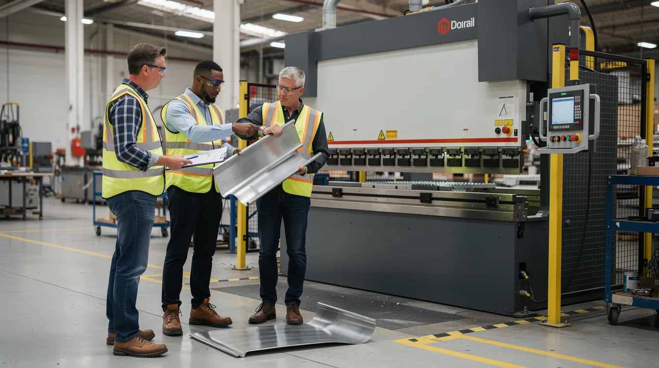 Two engineers are closely reviewing a sheet metal prototype part next to a CNC press brake machine, which is commonly used in the sheet metal fabrication process. The scene highlights their collaboration in ensuring precision and quality for custom sheet metal projects.