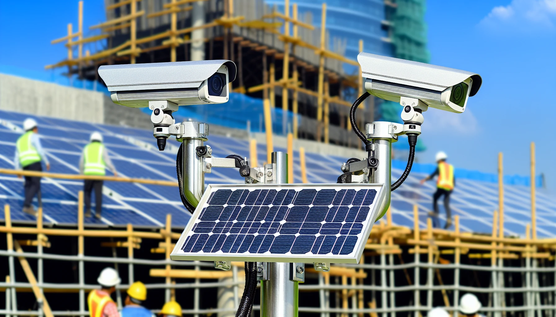 High-quality surveillance cameras powered by solar panels at a construction site