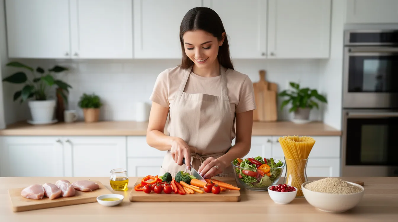 Une femme prépare un repas équilibré dans sa cuisine, mettant en avant des ingrédients frais et sains, soulignant l'importance de la nutrition pour le bien-être. Cette scène évoque également le rôle des hormones, comme la testostérone chez la femme, dans le maintien d'une bonne santé.