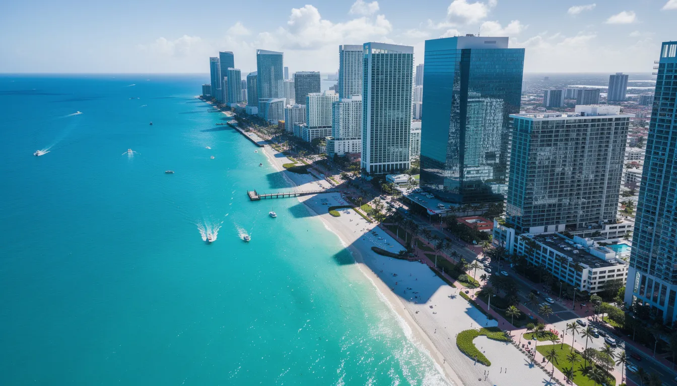 An aerial view of Miami showcases the vibrant waterfront lined with modern high-rise buildings, overlooking the sparkling blue ocean. This picturesque scene highlights Florida's real estate market, attracting investors interested in lucrative opportunities and strong rental demand in a booming job market.
