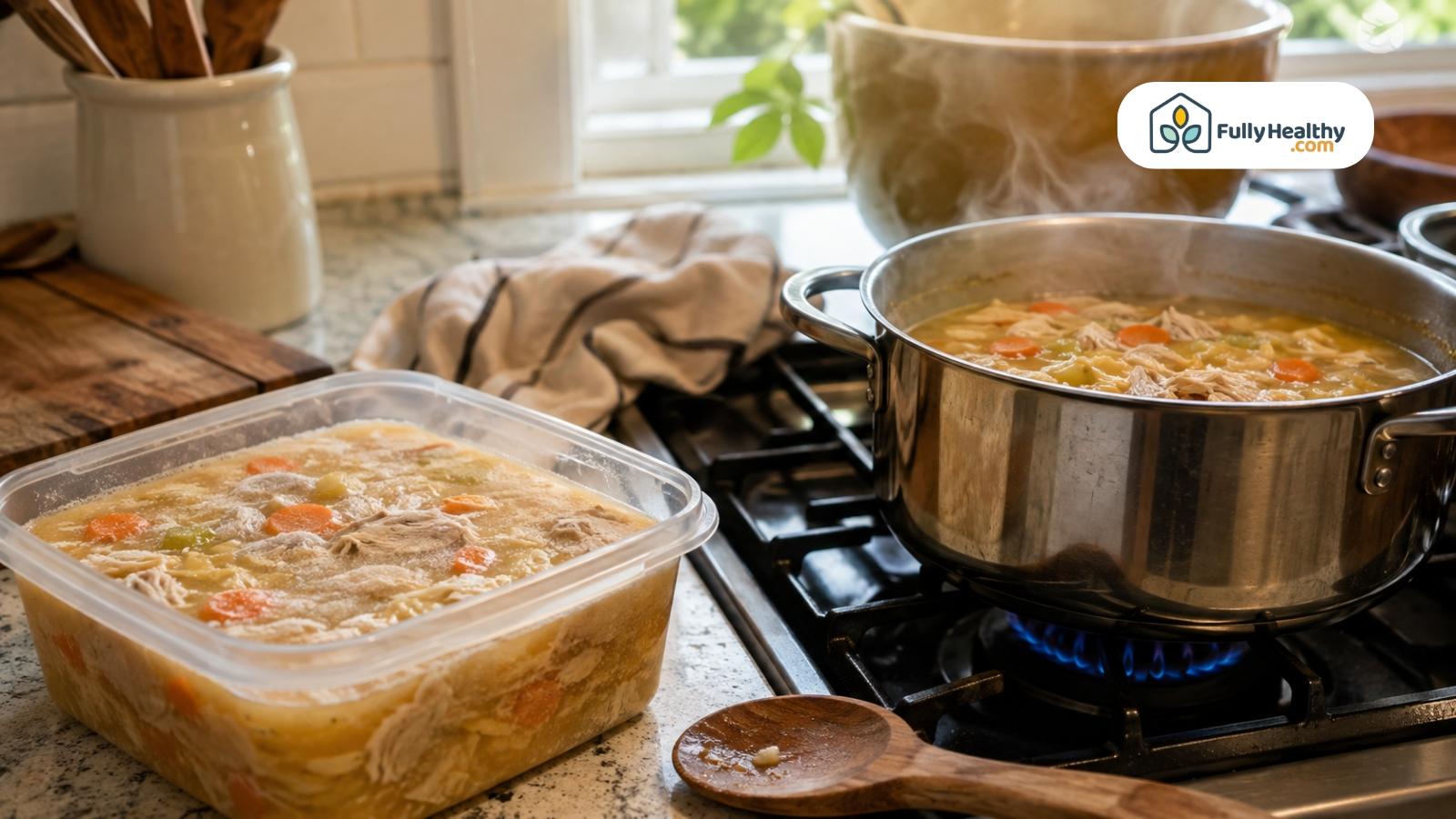 Chicken noodle soup reheating on stove beside a thawed frozen soup container