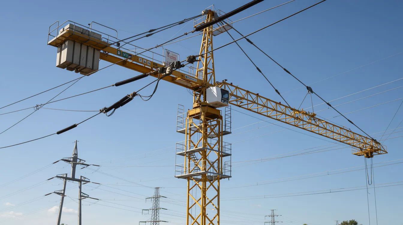 Construction crane operating near overhead utility lines at a job site.