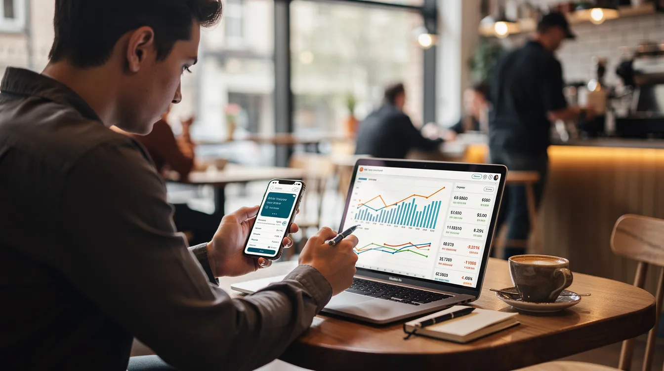 A person is sitting at a coffee shop table, focused on comparing financial information displayed on a laptop and a phone. The scene suggests they may be evaluating options for a private loan application, considering factors like the actual annual interest rate and monthly repayment amount.