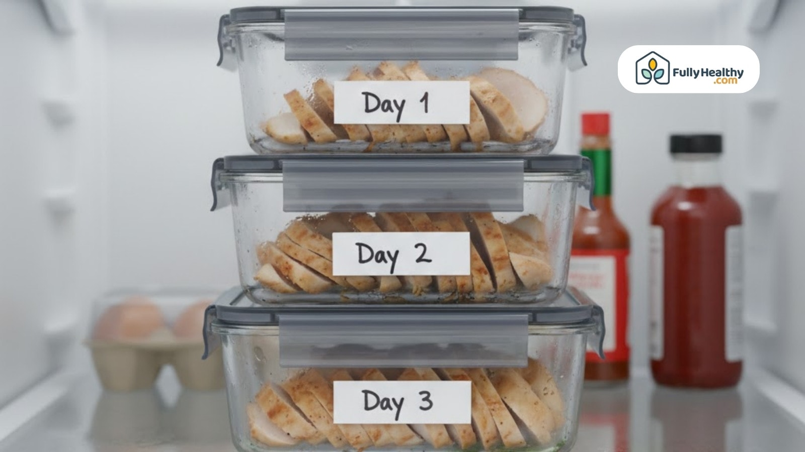 Three containers of cooked chicken labeled day 1 day 2 and day 3