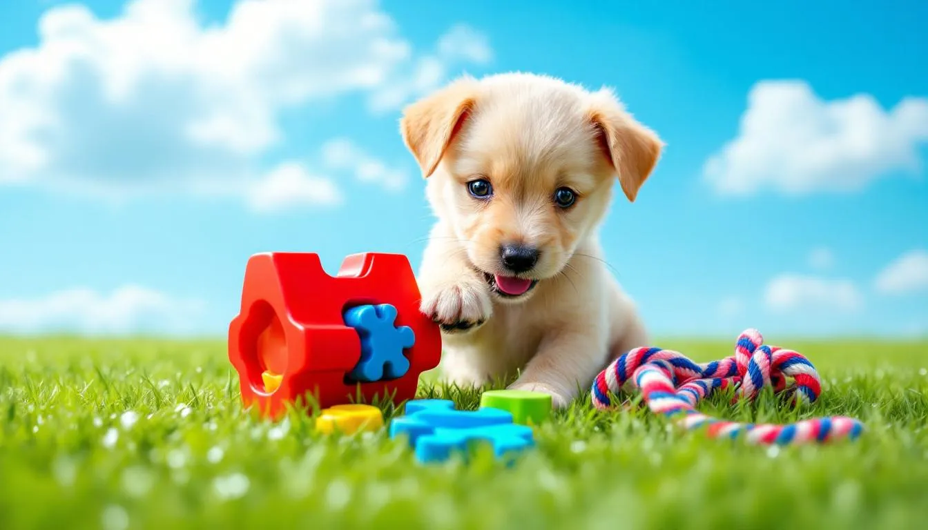 A playful young puppy is happily engaging with a colorful puzzle toy and rope toys on a grassy area, embodying the joy of puppy care. This scene captures the essence of a new puppy home, where proper training and positive experiences are essential for their growth and development.