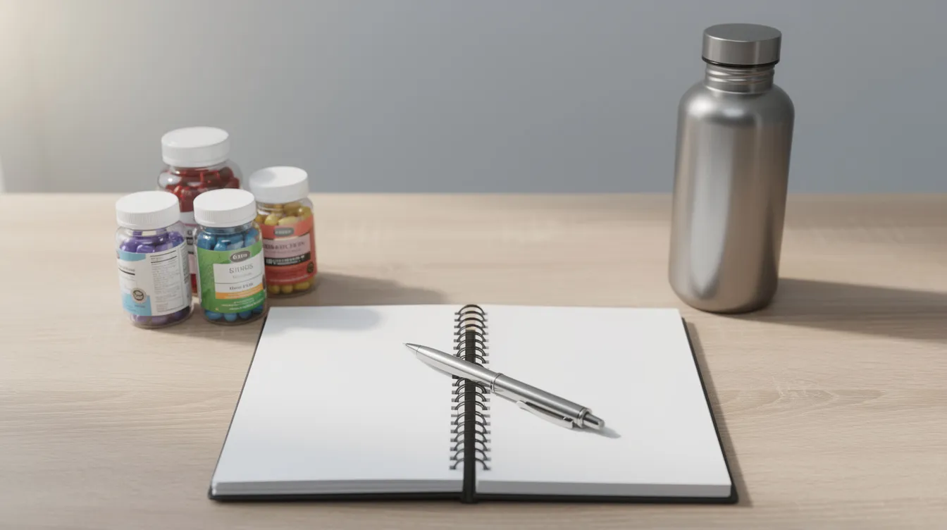 The image shows a notebook placed next to various creatine supplements and a water bottle, suggesting a focus on sports nutrition and creatine supplementation for enhancing muscle mass and athletic performance. The notebook may contain notes on dosages, such as the recommended 5 grams per day, and potential benefits of taking creatine, alongside important health considerations.