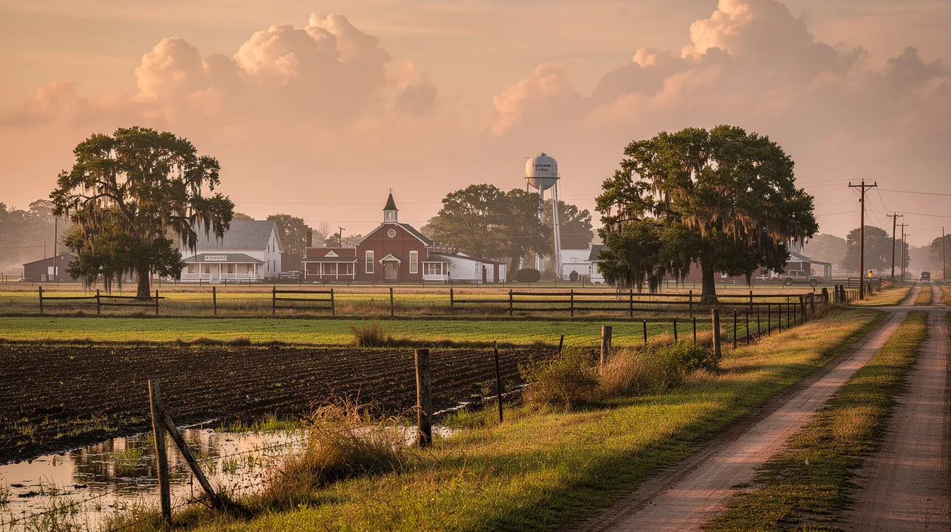 The image depicts a serene Louisiana landscape featuring expansive rural farmland with lush greenery and a small town visible in the distance. This picturesque setting reflects the simplicity of life in Louisiana, where many residents may navigate the complexities of social security disability claims and benefits.