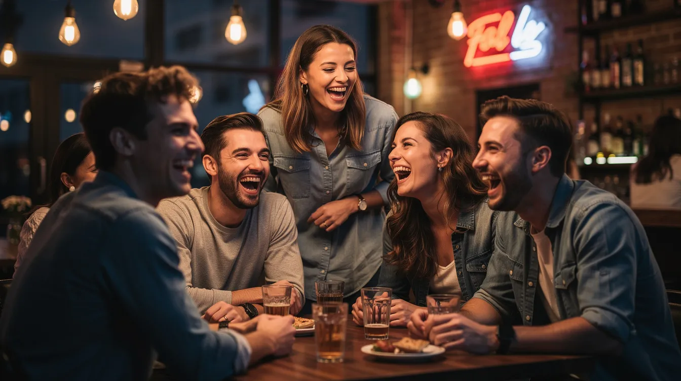 A group of young friends, including both men and women, are laughing and enjoying each other's company at a casual bar, capturing the essence of modern dating and social lives. Their joyful interaction reflects the emotional intimacy and connection often found in the dating scene, as they share stories and experiences from their past relationships.